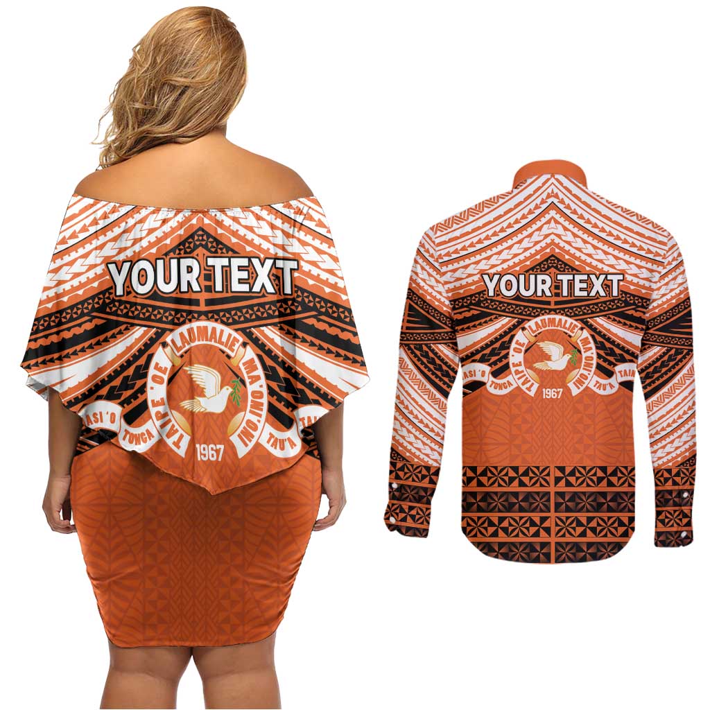Personalised Tonga Tailulu College Couples Matching Off Shoulder Short Dress and Long Sleeve Button Shirt Polynesian Ngatu Tribal LT9 - Polynesian Pride