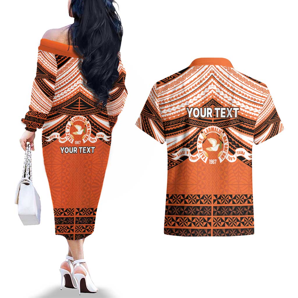 Personalised Tonga Tailulu College Couples Matching Off The Shoulder Long Sleeve Dress and Hawaiian Shirt Polynesian Ngatu Tribal