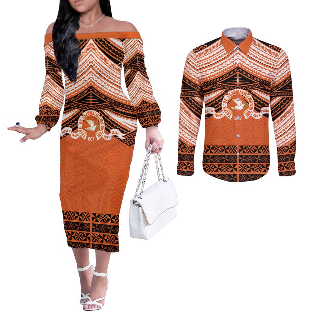 Personalised Tonga Tailulu College Couples Matching Off The Shoulder Long Sleeve Dress and Long Sleeve Button Shirt Polynesian Ngatu Tribal