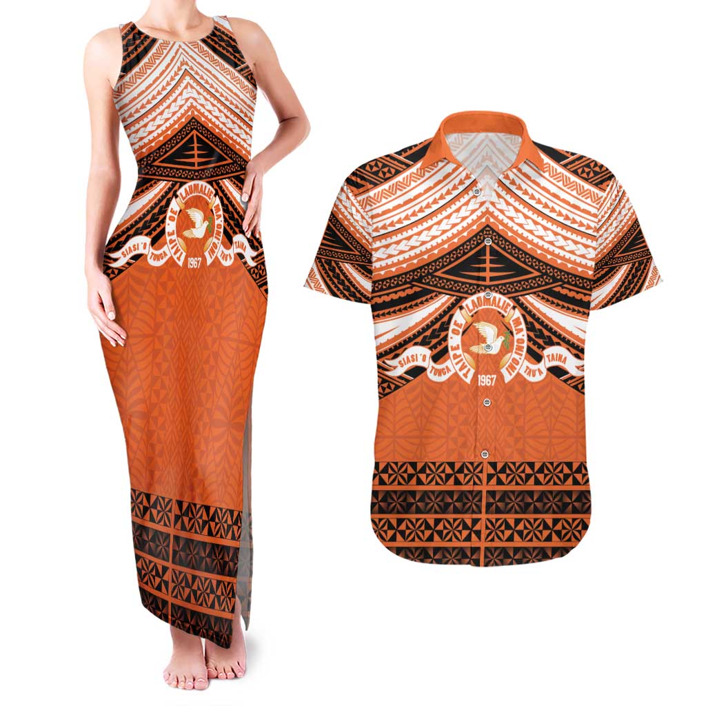 Personalised Tonga Tailulu College Couples Matching Tank Maxi Dress and Hawaiian Shirt Polynesian Ngatu Tribal