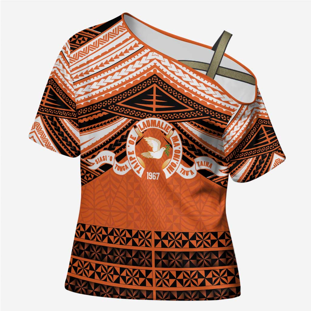 Personalised Tonga Tailulu College Cross Shoulder Shirt Polynesian Ngatu Tribal LT9 Female Orange - Polynesian Pride