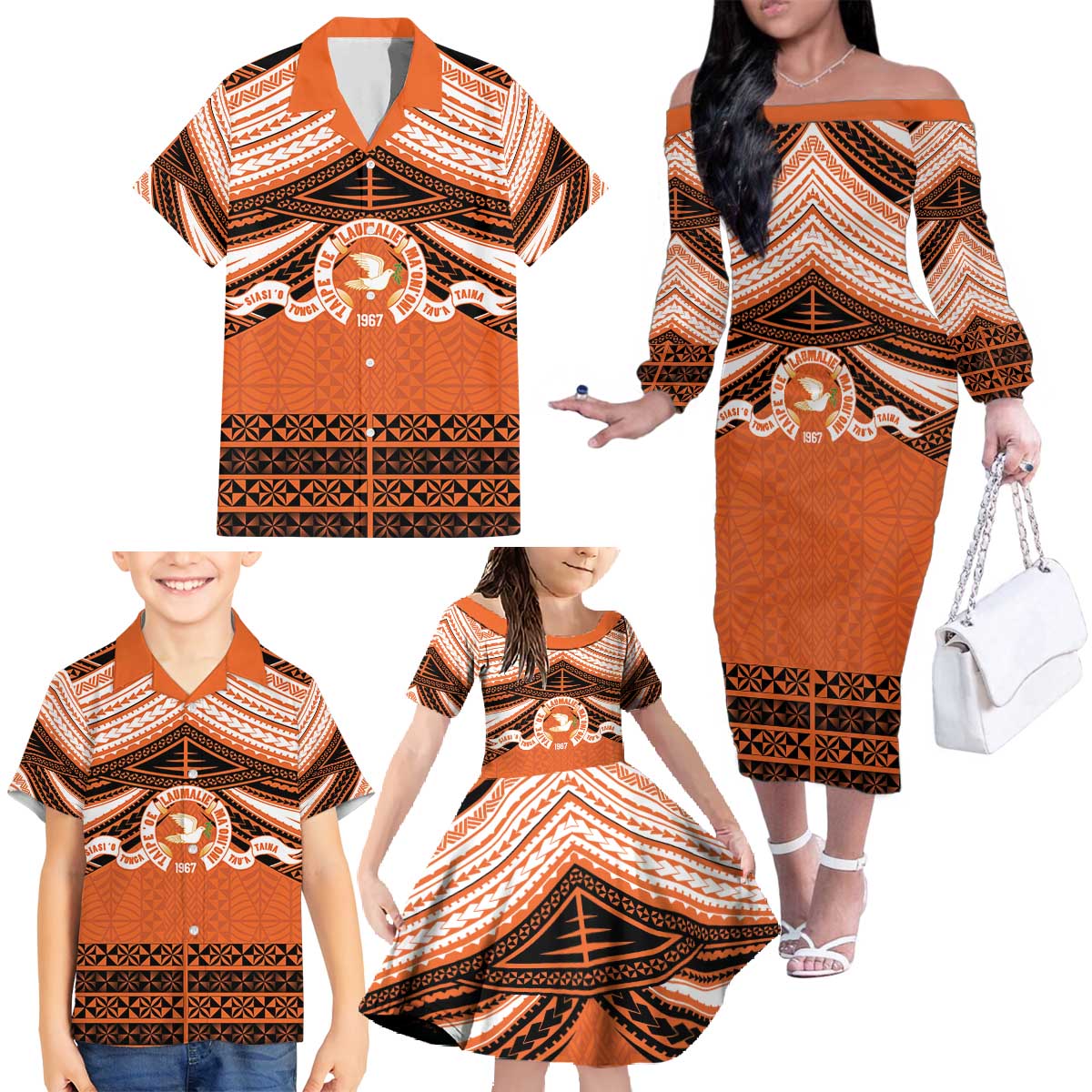 Personalised Tonga Tailulu College Family Matching Off The Shoulder Long Sleeve Dress and Hawaiian Shirt Polynesian Ngatu Tribal
