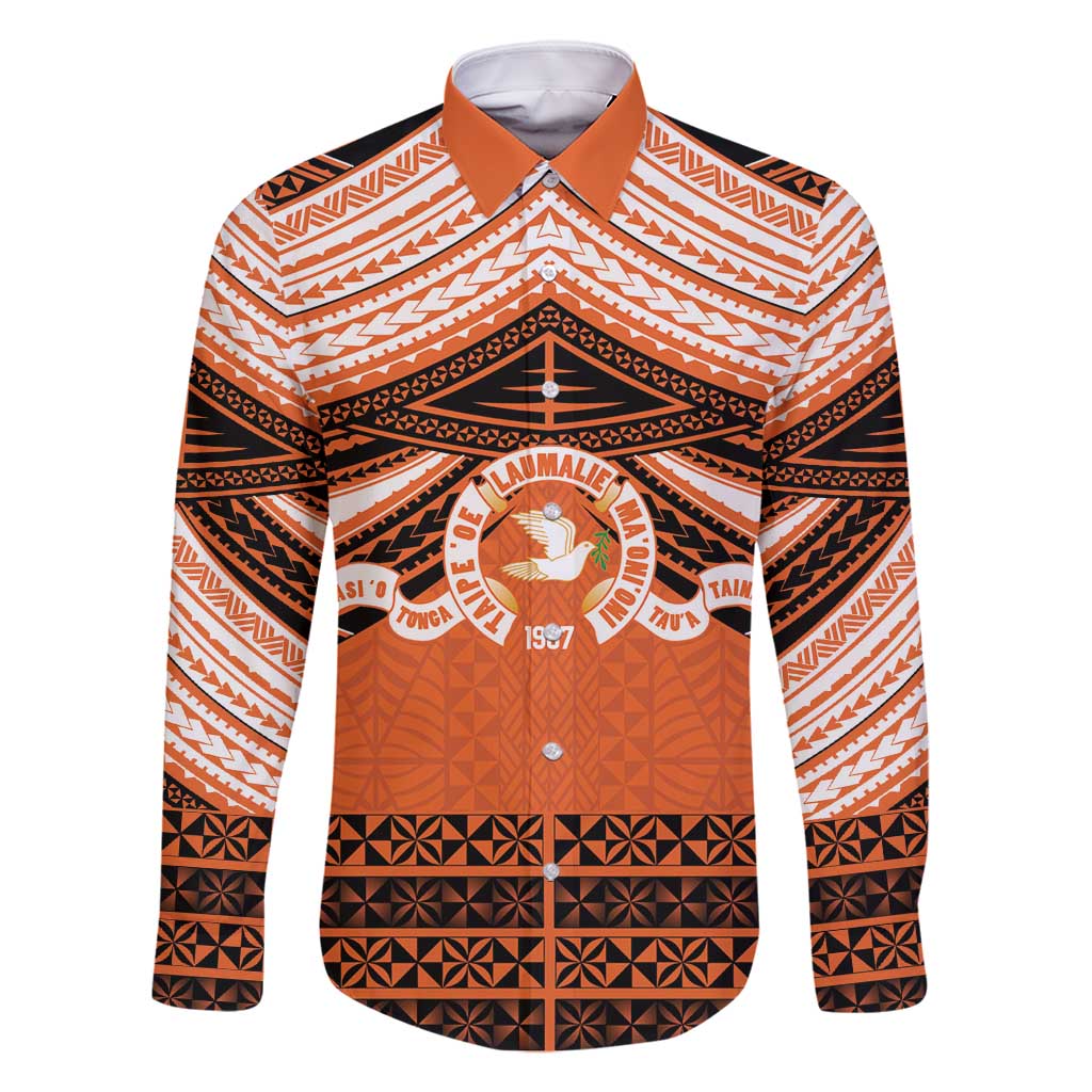 Personalised Tonga Tailulu College Family Matching Off Shoulder Short Dress and Hawaiian Shirt Polynesian Ngatu Tribal LT9 Dad's Shirt - Long Sleeve Orange - Polynesian Pride