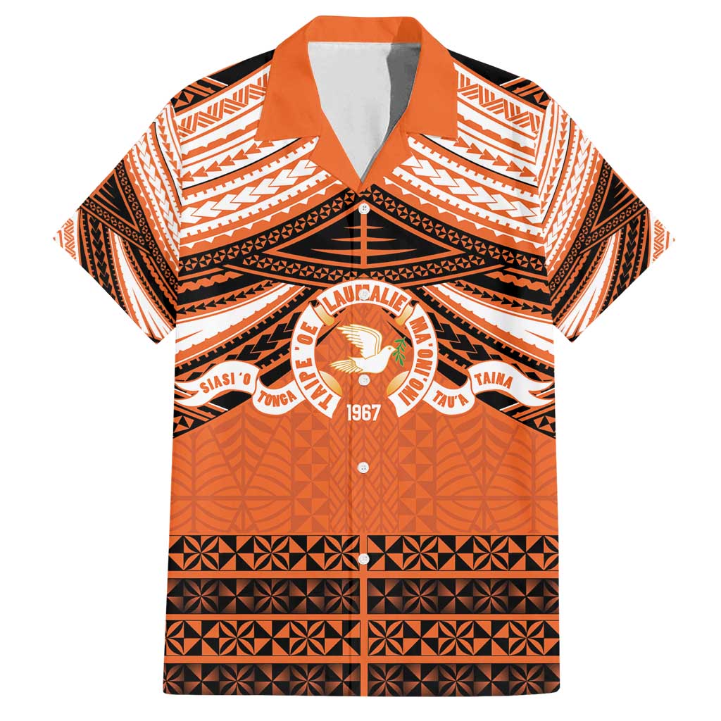 Personalised Tonga Tailulu College Family Matching Puletasi and Hawaiian Shirt Polynesian Ngatu Tribal LT9 Dad's Shirt - Short Sleeve Orange - Polynesian Pride