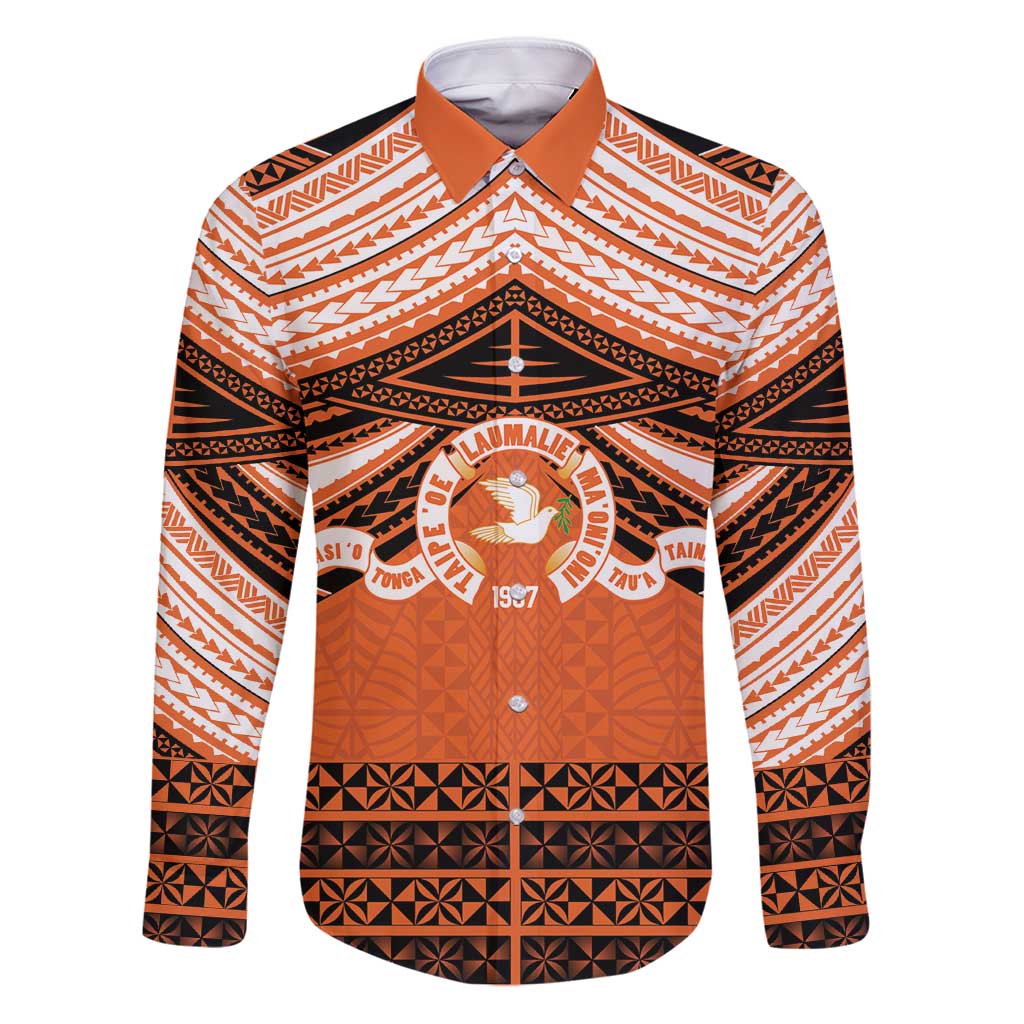 Personalised Tonga Tailulu College Family Matching Puletasi and Hawaiian Shirt Polynesian Ngatu Tribal LT9 Dad's Shirt - Long Sleeve Orange - Polynesian Pride
