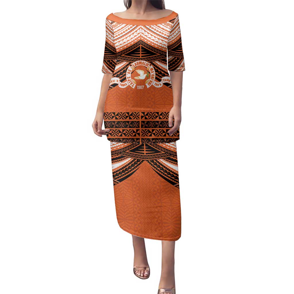 Personalised Tonga Tailulu College Family Matching Puletasi and Hawaiian Shirt Polynesian Ngatu Tribal LT9 Mom's Dress Orange - Polynesian Pride