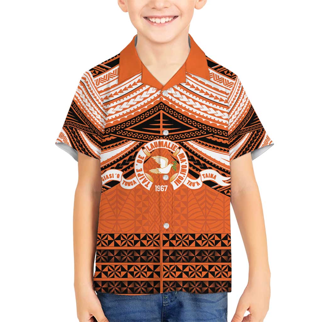 Personalised Tonga Tailulu College Family Matching Puletasi and Hawaiian Shirt Polynesian Ngatu Tribal LT9 Son's Shirt Orange - Polynesian Pride
