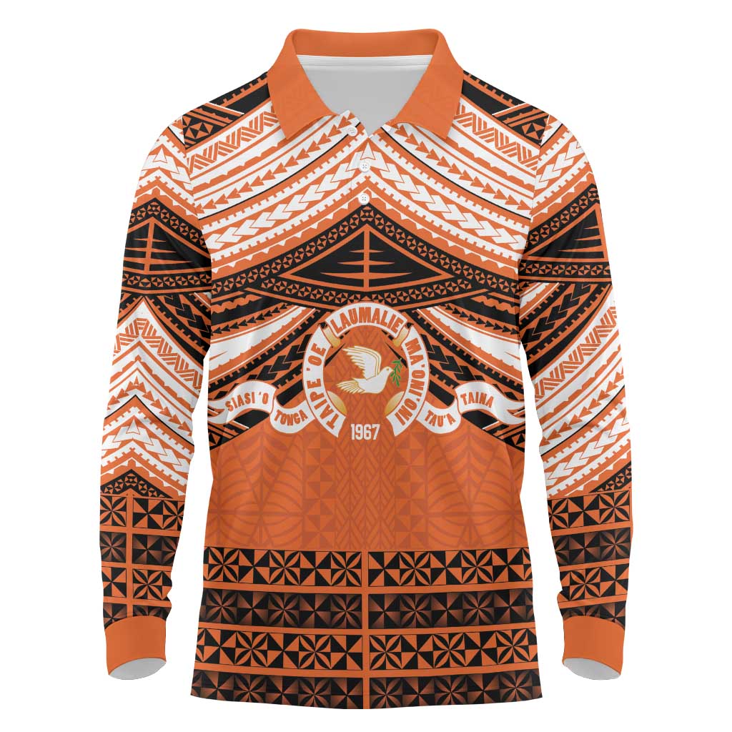 Personalised Tonga Tailulu College Long Sleeve Polo Shirt Polynesian Ngatu Tribal LT9 Orange - Polynesian Pride