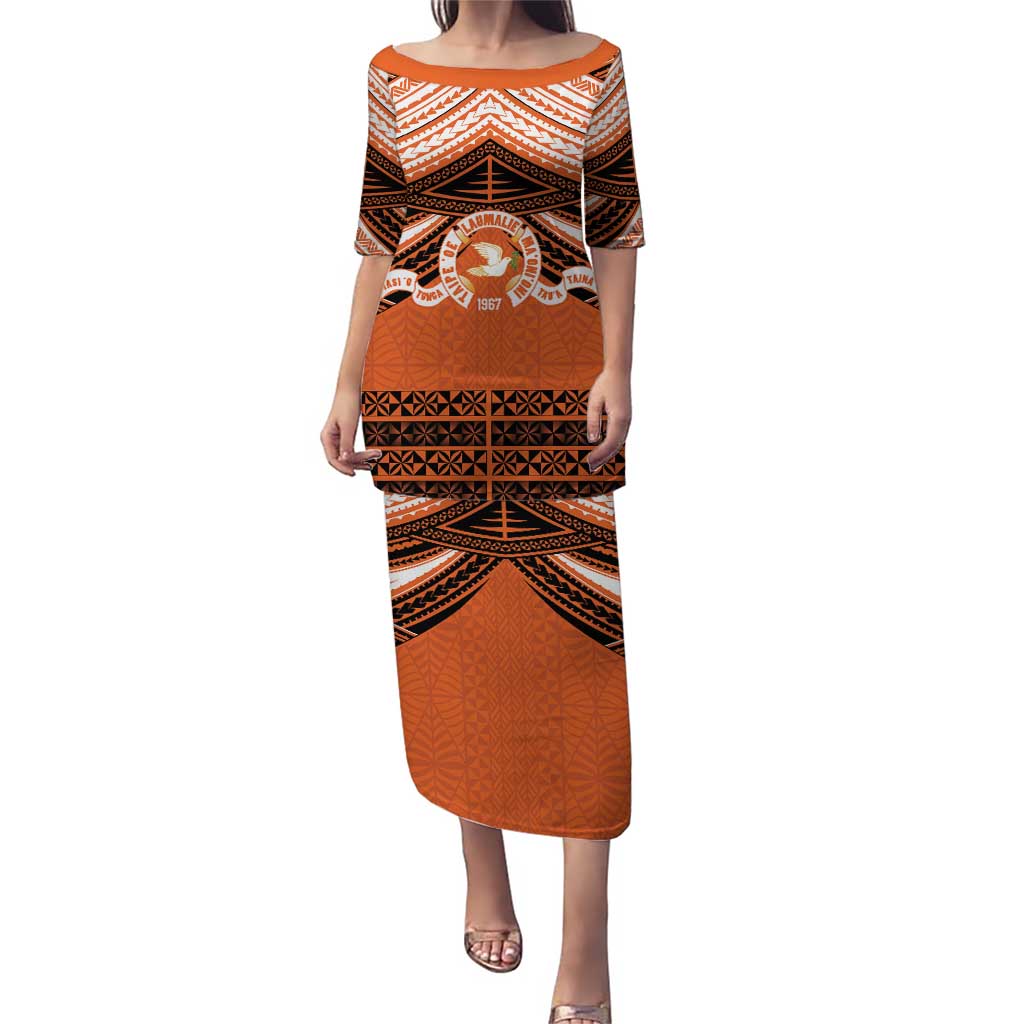 Personalised Tonga Tailulu College Puletasi Polynesian Ngatu Tribal LT9 Long Dress Orange - Polynesian Pride