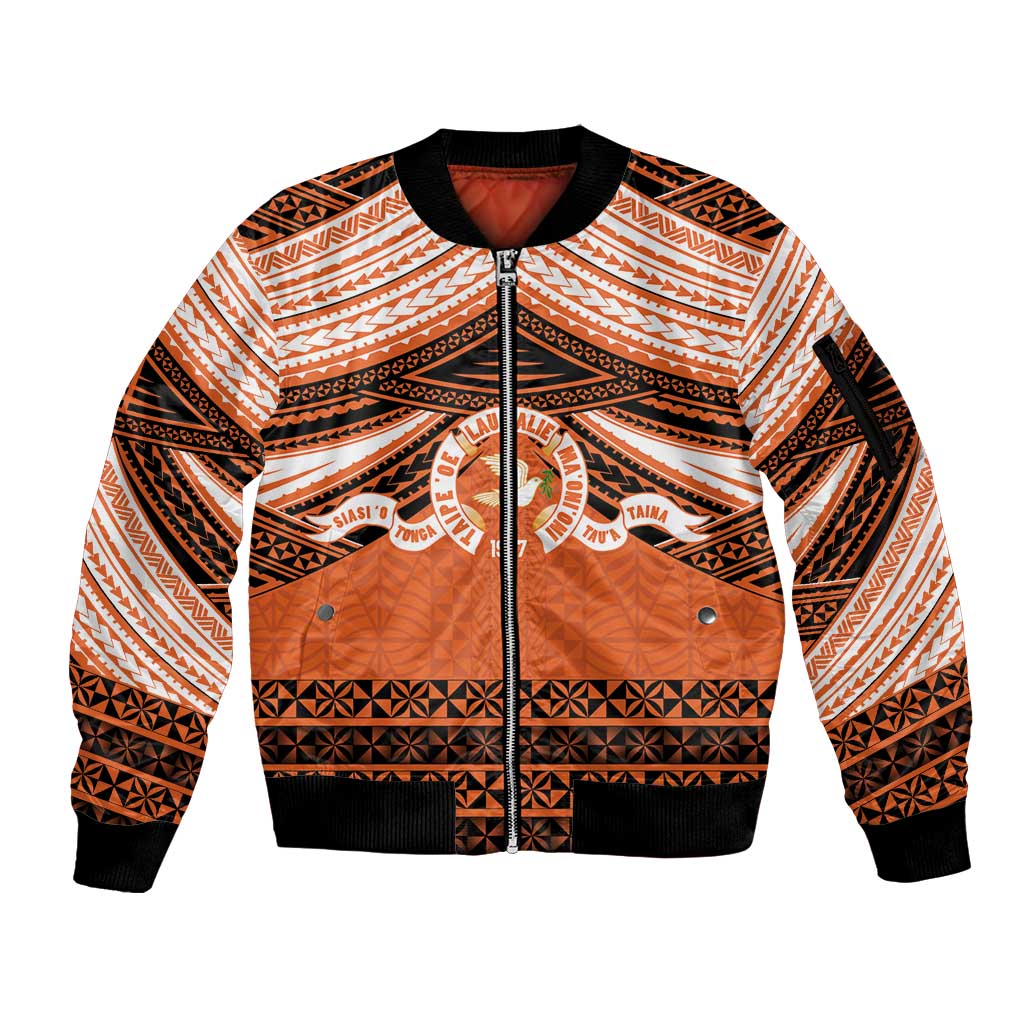 Personalised Tonga Tailulu College Sleeve Zip Bomber Jacket Polynesian Ngatu Tribal LT9 Unisex Orange - Polynesian Pride