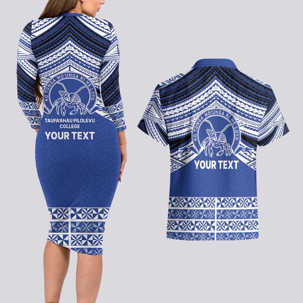 Personalised Tonga Taufa'ahau Pilolevu College Couples Matching Long Sleeve Bodycon Dress and Hawaiian Shirt Polynesian Ngatu Tribal
