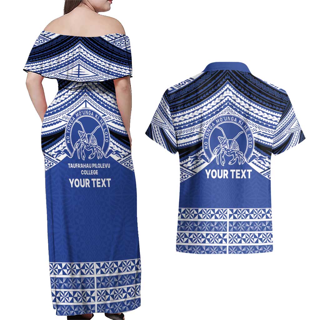 Personalised Tonga Taufa'ahau Pilolevu College Couples Matching Off Shoulder Maxi Dress and Hawaiian Shirt Polynesian Ngatu Tribal LT9 - Polynesian Pride