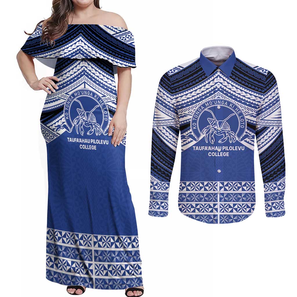 Personalised Tonga Taufa'ahau Pilolevu College Couples Matching Off Shoulder Maxi Dress and Long Sleeve Button Shirt Polynesian Ngatu Tribal LT9 Blue - Polynesian Pride