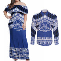 Personalised Tonga Taufa'ahau Pilolevu College Couples Matching Off Shoulder Maxi Dress and Long Sleeve Button Shirt Polynesian Ngatu Tribal LT9 Blue - Polynesian Pride