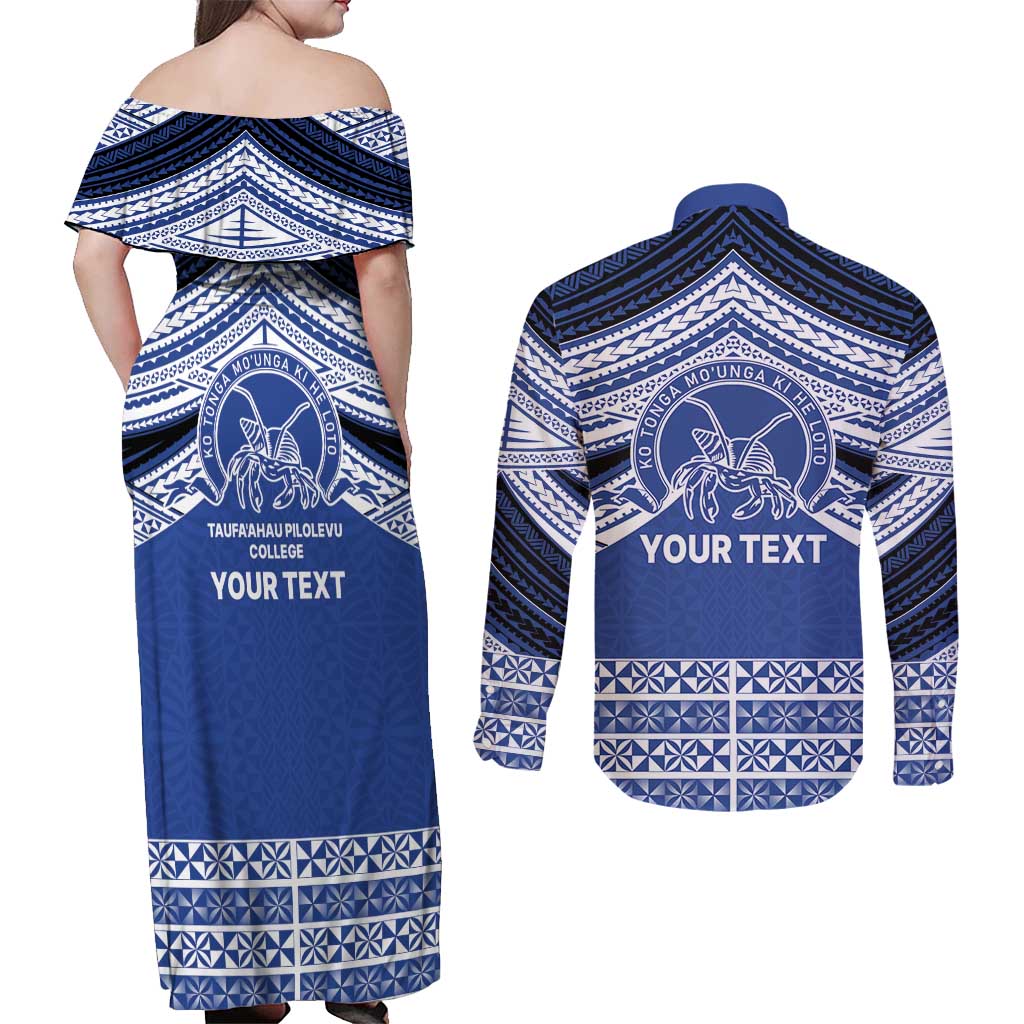 Personalised Tonga Taufa'ahau Pilolevu College Couples Matching Off Shoulder Maxi Dress and Long Sleeve Button Shirt Polynesian Ngatu Tribal LT9 - Polynesian Pride