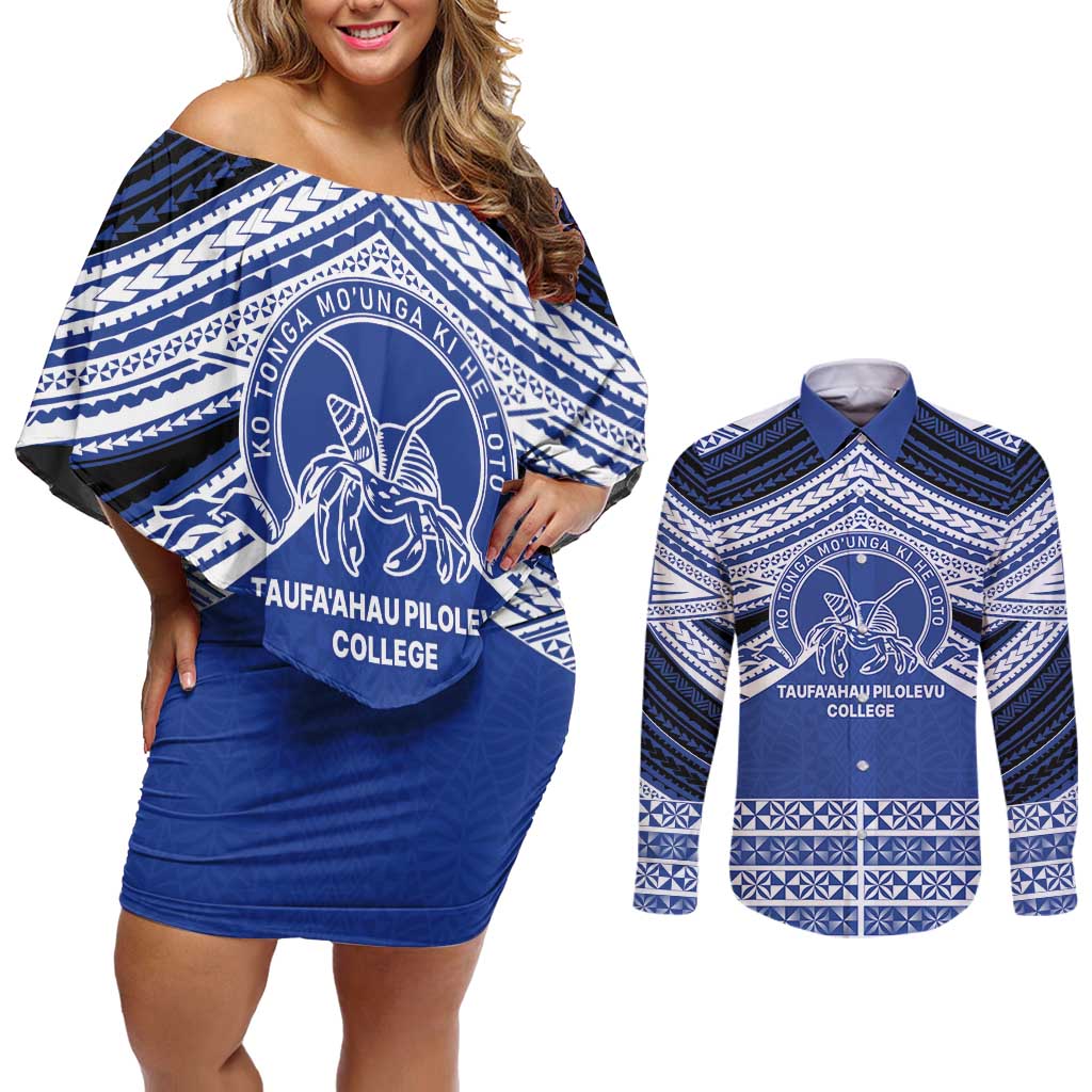 Personalised Tonga Taufa'ahau Pilolevu College Couples Matching Off Shoulder Short Dress and Long Sleeve Button Shirt Polynesian Ngatu Tribal LT9 Blue - Polynesian Pride