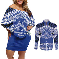 Personalised Tonga Taufa'ahau Pilolevu College Couples Matching Off Shoulder Short Dress and Long Sleeve Button Shirt Polynesian Ngatu Tribal LT9 Blue - Polynesian Pride