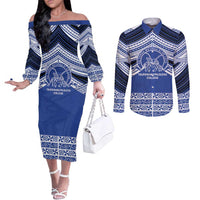 Personalised Tonga Taufa'ahau Pilolevu College Couples Matching Off The Shoulder Long Sleeve Dress and Long Sleeve Button Shirt Polynesian Ngatu Tribal