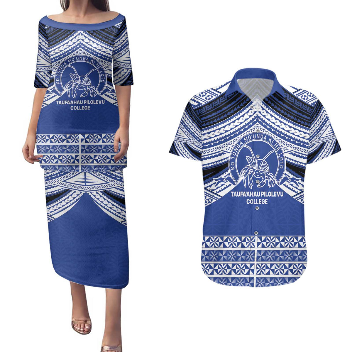 Personalised Tonga Taufa'ahau Pilolevu College Couples Matching Puletasi and Hawaiian Shirt Polynesian Ngatu Tribal LT9 Blue - Polynesian Pride