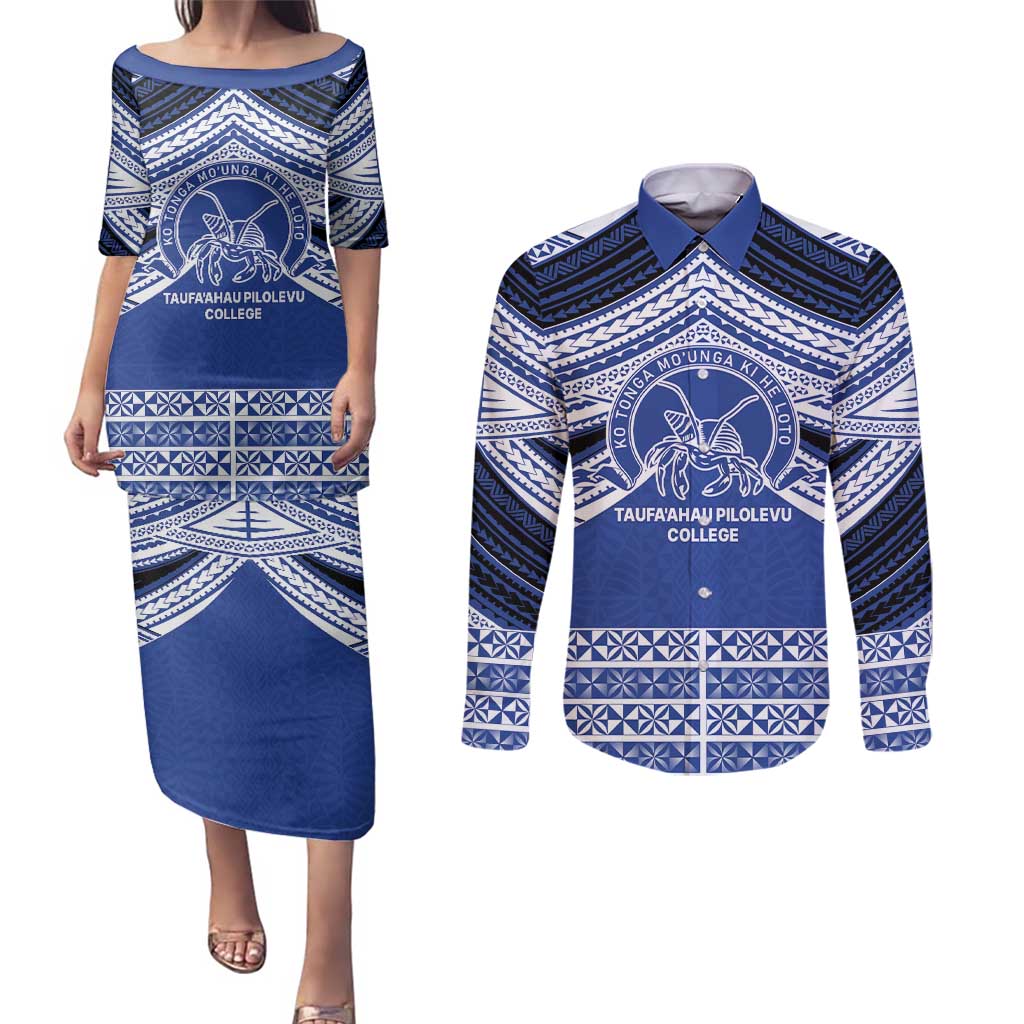 Personalised Tonga Taufa'ahau Pilolevu College Couples Matching Puletasi and Long Sleeve Button Shirt Polynesian Ngatu Tribal LT9 Blue - Polynesian Pride