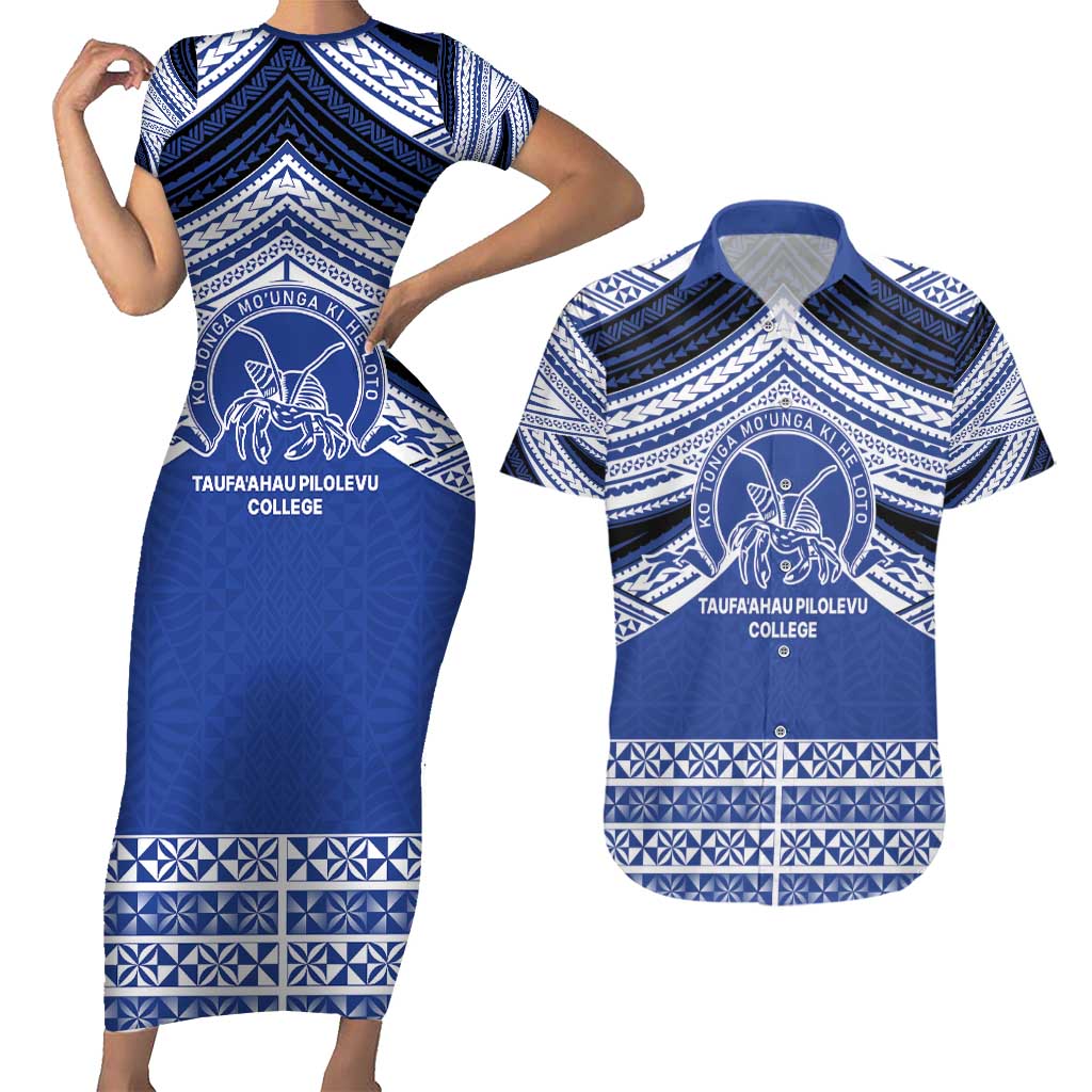 Personalised Tonga Taufa'ahau Pilolevu College Couples Matching Short Sleeve Bodycon Dress and Hawaiian Shirt Polynesian Ngatu Tribal