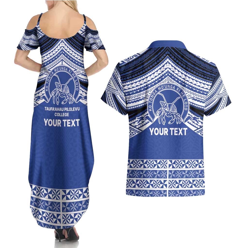 Personalised Tonga Taufa'ahau Pilolevu College Couples Matching Summer Maxi Dress and Hawaiian Shirt Polynesian Ngatu Tribal