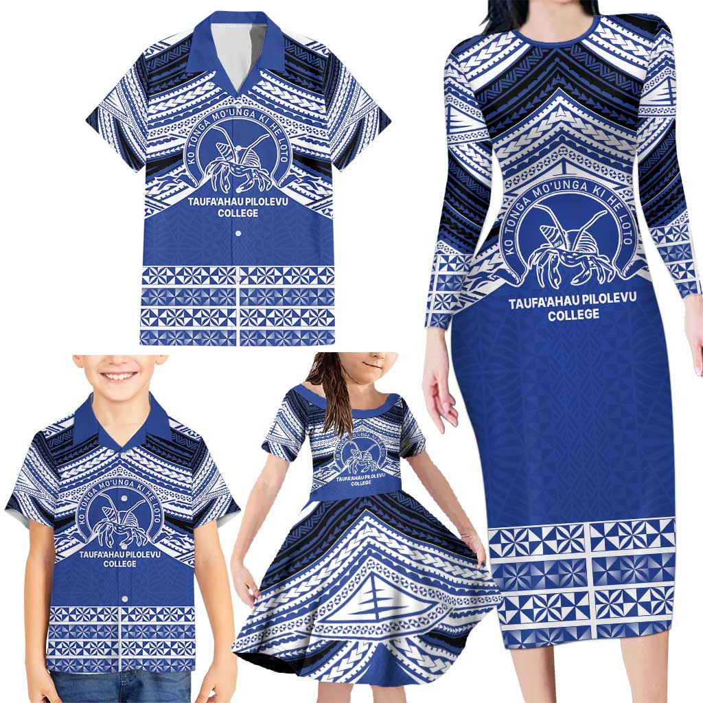 Personalised Tonga Taufa'ahau Pilolevu College Family Matching Long Sleeve Bodycon Dress and Hawaiian Shirt Polynesian Ngatu Tribal