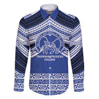 Personalised Tonga Taufa'ahau Pilolevu College Family Matching Off Shoulder Maxi Dress and Hawaiian Shirt Polynesian Ngatu Tribal LT9 Dad's Shirt - Long Sleeve Blue - Polynesian Pride