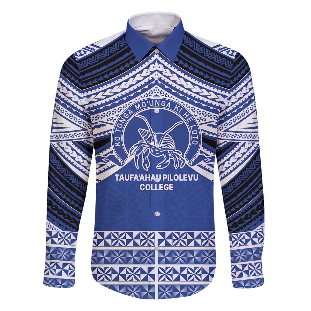 Personalised Tonga Taufa'ahau Pilolevu College Family Matching Off Shoulder Short Dress and Hawaiian Shirt Polynesian Ngatu Tribal LT9 Dad's Shirt - Long Sleeve Blue - Polynesian Pride