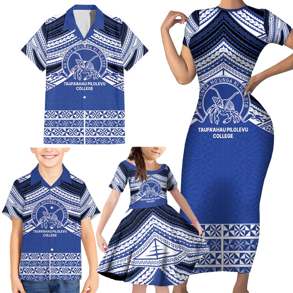 Personalised Tonga Taufa'ahau Pilolevu College Family Matching Short Sleeve Bodycon Dress and Hawaiian Shirt Polynesian Ngatu Tribal