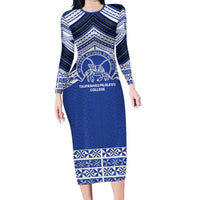 Personalised Tonga Taufa'ahau Pilolevu College Long Sleeve Bodycon Dress Polynesian Ngatu Tribal LT9 Long Dress Blue - Polynesian Pride