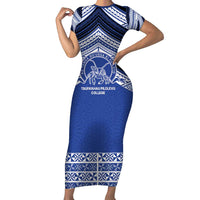 Personalised Tonga Taufa'ahau Pilolevu College Short Sleeve Bodycon Dress Polynesian Ngatu Tribal LT9 Long Dress Blue - Polynesian Pride