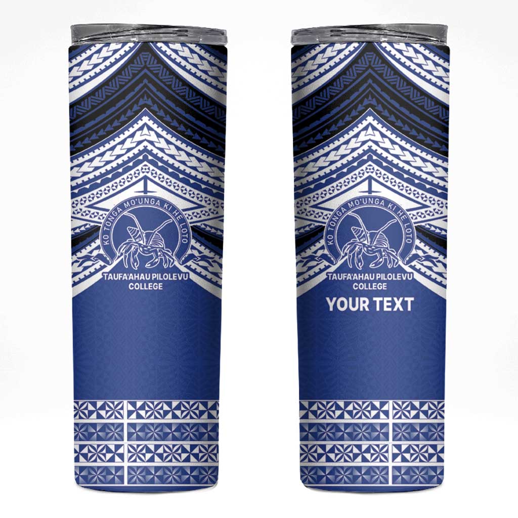 Personalised Tonga Taufa'ahau Pilolevu College Skinny Tumbler Polynesian Ngatu Tribal LT9 Blue - Polynesian Pride