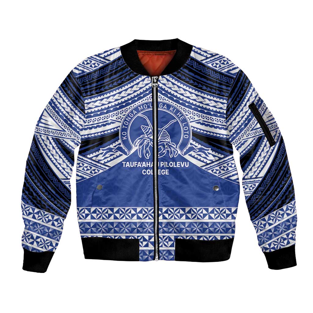 Personalised Tonga Taufa'ahau Pilolevu College Sleeve Zip Bomber Jacket Polynesian Ngatu Tribal LT9 Unisex Blue - Polynesian Pride