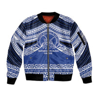 Personalised Tonga Taufa'ahau Pilolevu College Sleeve Zip Bomber Jacket Polynesian Ngatu Tribal LT9 Unisex Blue - Polynesian Pride