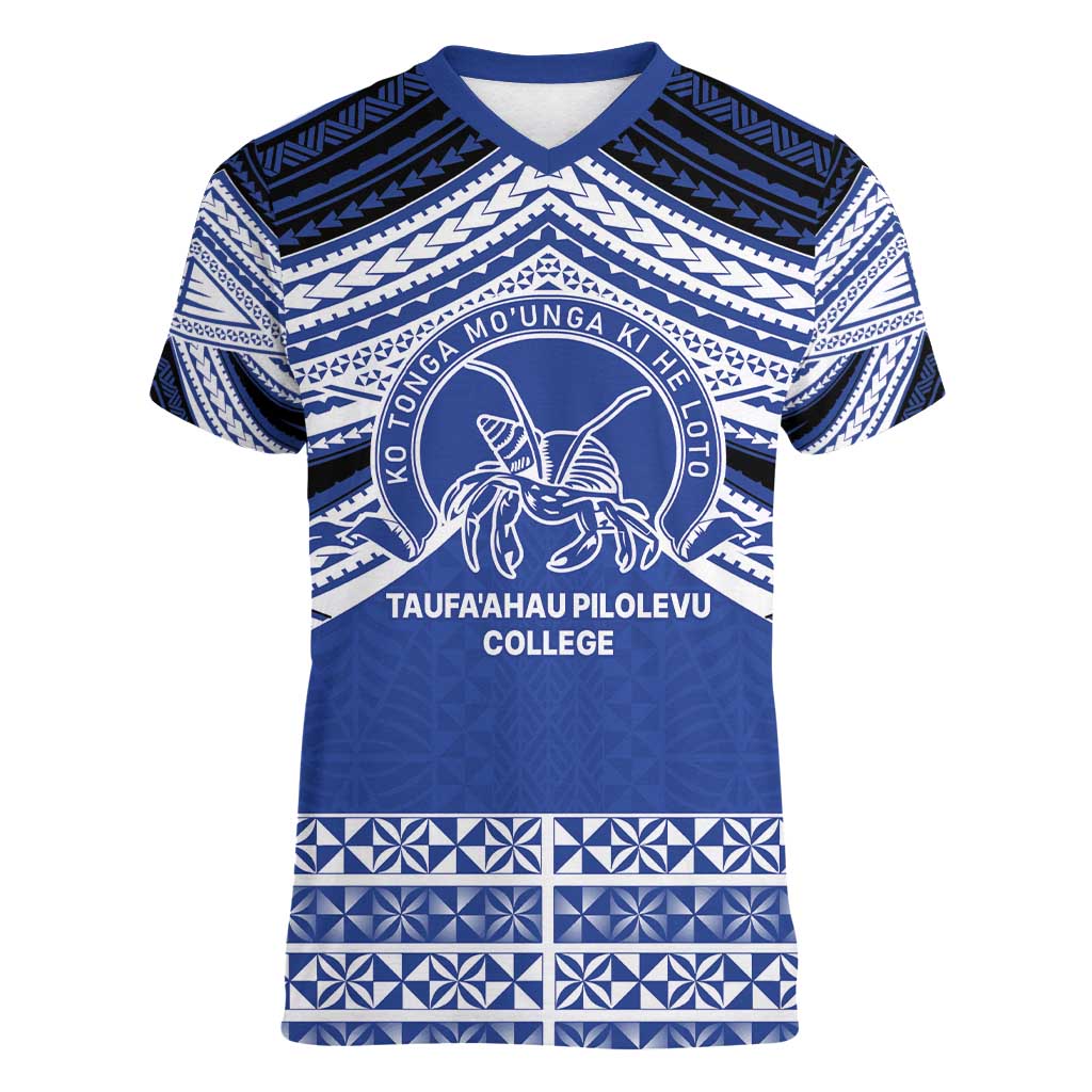 Personalised Tonga Taufa'ahau Pilolevu College Women V-Neck T-Shirt Polynesian Ngatu Tribal LT9 Female Blue - Polynesian Pride