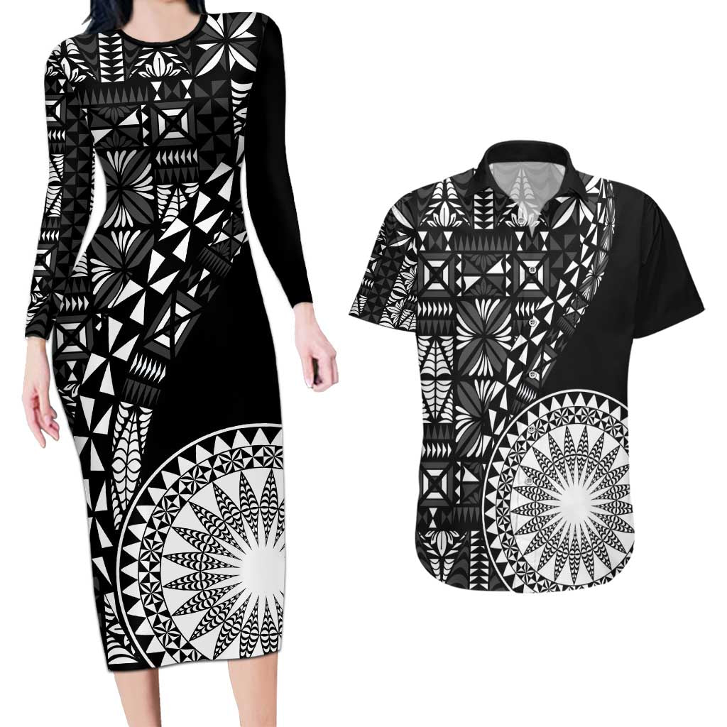 Black Tongan Ngatu Fonulei Pattern Couples Matching Long Sleeve Bodycon Dress and Hawaiian Shirt