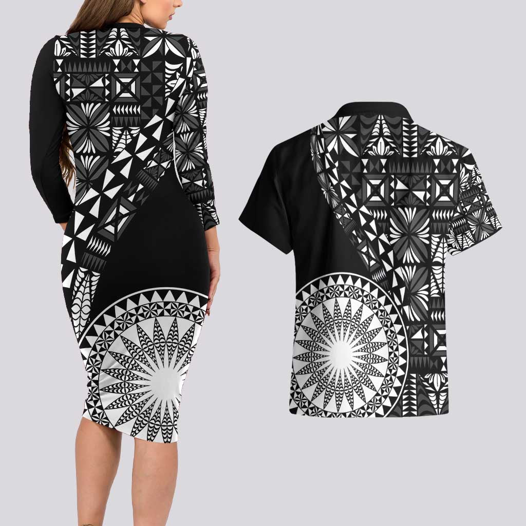 Black Tongan Ngatu Fonulei Pattern Couples Matching Long Sleeve Bodycon Dress and Hawaiian Shirt