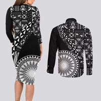 Black Tongan Ngatu Fonulei Pattern Couples Matching Long Sleeve Bodycon Dress and Long Sleeve Button Shirt