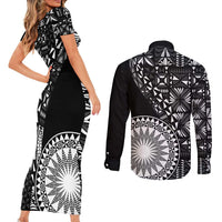 Black Tongan Ngatu Fonulei Pattern Couples Matching Short Sleeve Bodycon Dress and Long Sleeve Button Shirt