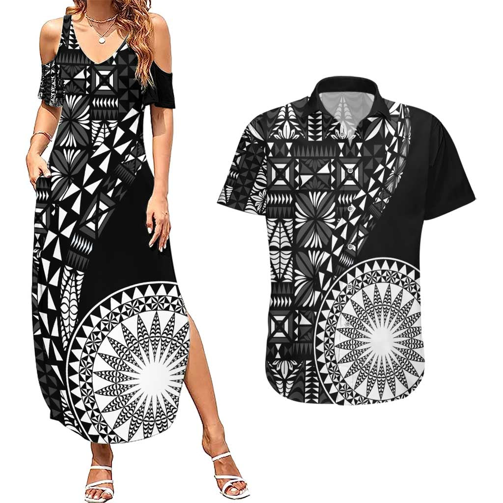 Black Tongan Ngatu Fonulei Pattern Couples Matching Summer Maxi Dress and Hawaiian Shirt