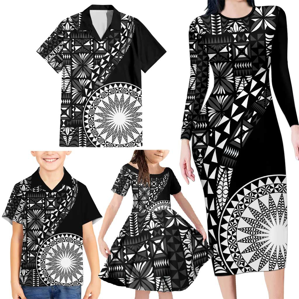 Black Tongan Ngatu Fonulei Pattern Family Matching Long Sleeve Bodycon Dress and Hawaiian Shirt