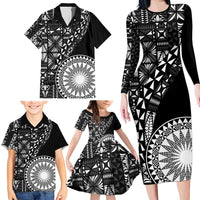 Black Tongan Ngatu Fonulei Pattern Family Matching Long Sleeve Bodycon Dress and Hawaiian Shirt