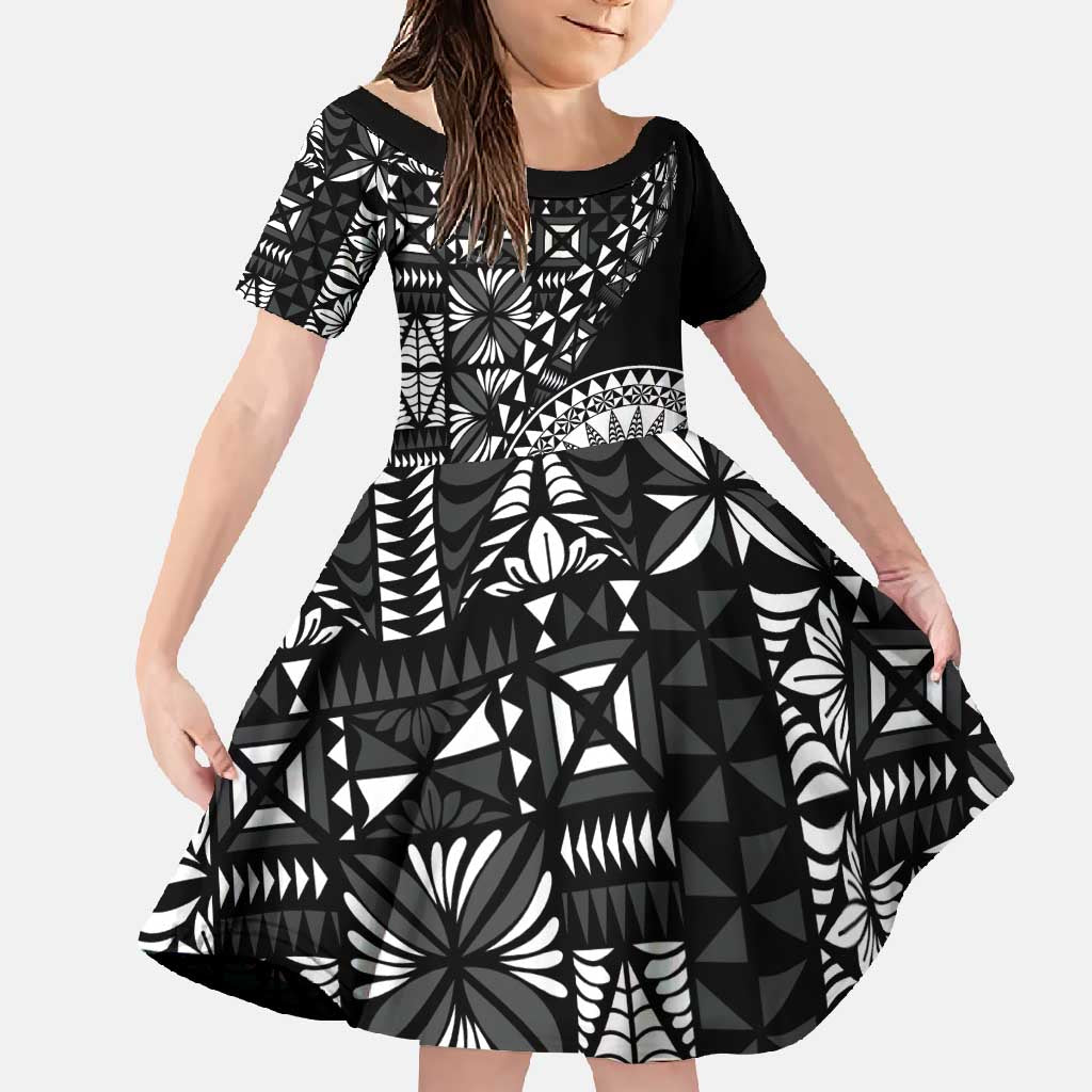 Black Tongan Ngatu Fonulei Pattern Family Matching Mermaid Dress and Hawaiian Shirt LT9 Daughter's Dress Black - Polynesian Pride
