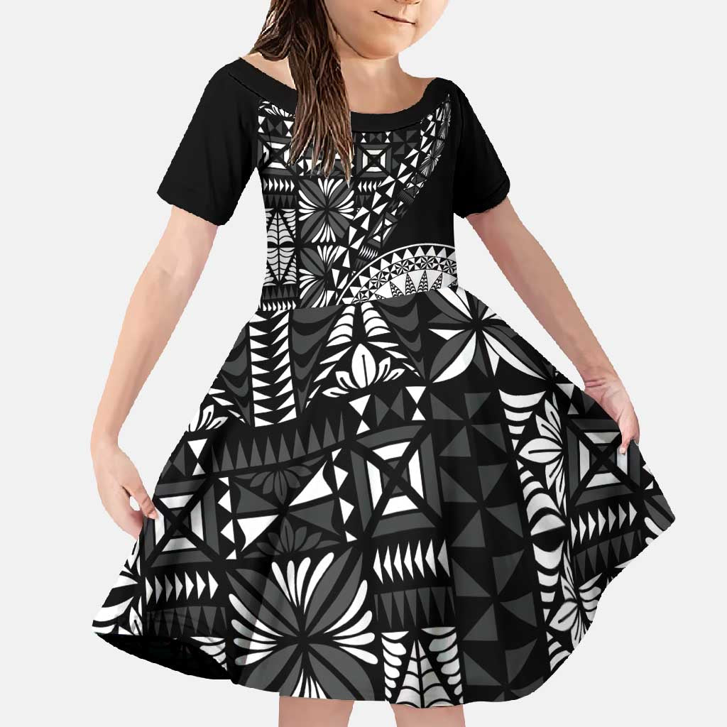 Black Tongan Ngatu Fonulei Pattern Family Matching Off Shoulder Maxi Dress and Hawaiian Shirt LT9 Daughter's Dress Black - Polynesian Pride