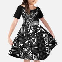 Black Tongan Ngatu Fonulei Pattern Family Matching Off Shoulder Maxi Dress and Hawaiian Shirt LT9 Daughter's Dress Black - Polynesian Pride