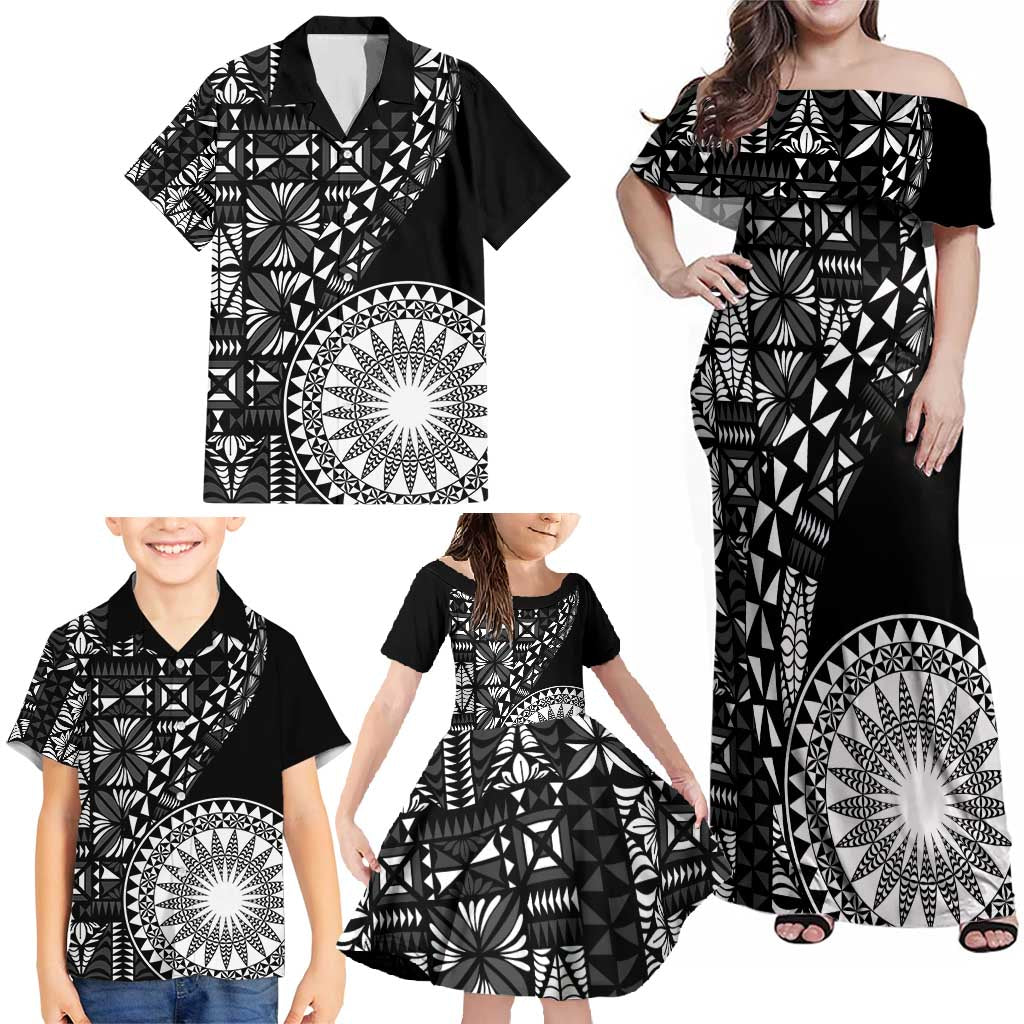 Black Tongan Ngatu Fonulei Pattern Family Matching Off Shoulder Maxi Dress and Hawaiian Shirt LT9 - Polynesian Pride