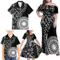 Black Tongan Ngatu Fonulei Pattern Family Matching Off Shoulder Maxi Dress and Hawaiian Shirt LT9 - Polynesian Pride
