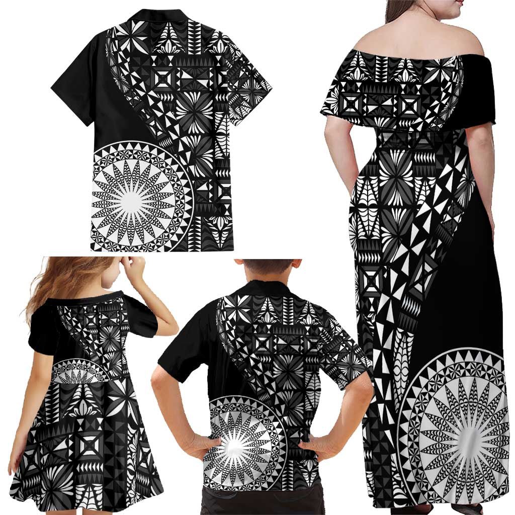 Black Tongan Ngatu Fonulei Pattern Family Matching Off Shoulder Maxi Dress and Hawaiian Shirt LT9 - Polynesian Pride