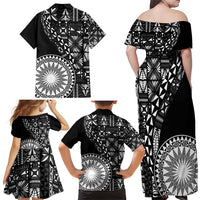 Black Tongan Ngatu Fonulei Pattern Family Matching Off Shoulder Maxi Dress and Hawaiian Shirt LT9 - Polynesian Pride